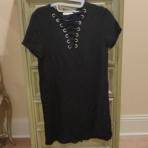 Black laceup front shirt dress